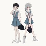  1boy 1girl arm_behind_back ayanami_rei bag bandaid bandaid_on_knee bandaid_on_leg bare_legs black_bag black_eyes black_hair blue_dress converse crossdressing dress full_body grey_hair grey_shirt hand_on_own_face hand_up holding holding_bag ikari_shinji looking_to_the_side multiple_girls neck_ribbon neon_genesis_evangelion red_eyes red_ribbon ribbon school_bag shirt shoes short_hair simple_background sneakers sokoko standing watch white_background white_footwear wristwatch 