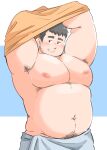  1boy archer_(archery045) armpit_hair arms_up bara beard_stubble belly black_hair blush brown_eyes clothes_lift facial_hair grin highres large_pectorals looking_to_the_side male_focus navel_hair original pectorals plump shirt shirt_lift short_hair simple_background smile solo stubble sweat thick_eyebrows towel_around_waist yellow_shirt 