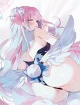  1girl angel_wings ass ayamy bar_censor black_leotard blue_archive breasts censored fake_tail feathered_wings flower from_behind hair_bun hair_flower hair_ornament halo highres large_breasts leotard long_hair looking_at_viewer looking_back mika_(blue_archive) pink_hair pink_halo purple_flower pussy rabbit_tail single_side_bun solo strapless strapless_leotard tail white_wings wings yellow_eyes 
