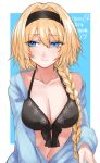  1girl bikini black_bikini black_hairband blonde_hair blue_background blue_jacket border breasts closed_mouth coyote_(moramoramorayay) fate/grand_order fate_(series) hairband highres jacket jacket_over_swimsuit jeanne_d&#039;arc_(fate) jeanne_d&#039;arc_(swimsuit_archer)_(fate) long_braid long_sleeves looking_to_the_side medium_breasts simple_background solo swimsuit twitter_username upper_body white_border 