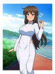  1girl absurdres blush breasts brown_eyes brown_hair closed_mouth covered_navel dress highres impossible_clothes josephscrand kyochuu_rettou large_breasts long_hair looking_at_viewer oribe_mutsumi outdoors pants sky smile solo vietnamese_clothes vietnamese_dress white_dress white_pants 