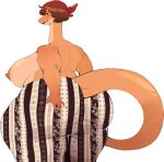 5_fingers anthro areola big_breasts big_butt breasts brown_hair butt clothed clothing dinosaur female fingers forbidden_pants hair hand_on_butt hand_on_own_butt hi_res huge_breasts huge_butt kerchief looking_back meme meme_clothing multicolored_body nipples nocturne_(artist) non-mammal_breasts non-mammal_nipples orange_body prehistoric_species reptile scalie solo standing tail tan_body thick_thighs topless two_tone_body white_body