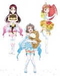  3girls ahoge artbook blue_eyes blue_skirt blush boots detached_sleeves earrings grey_hair hair_ornament highres jewelry koi_ni_naritai_aquarium long_hair looking_at_viewer love_live! love_live!_sunshine!! multiple_girls non-web_source official_alternate_costume official_art one_eye_closed open_mouth orange_hair pink_skirt red_eyes red_hair ribbon sakurauchi_riko short_hair simple_background skirt smile standing stuffed_animal stuffed_toy takami_chika thighhighs tiara watanabe_you white_background white_thighhighs yellow_eyes yellow_skirt zettai_ryouiki 