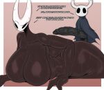 2_fingers anthro arthropod big_penis biped black_body black_eyes bodily_fluids breasts clothing dialogue duo erection female fingers genitals hi_res hollow_eyes hollow_knight hornet_(hollow_knight) huge_penis larger_female lying male nude on_front penis question_mark saltyxodium simple_background size_difference sweat team_cherry text the_knight_(hollow_knight) vessel_(species) white_body
