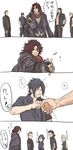  5boys ardyn_izunia black_gloves black_hair black_shirt blonde_hair bloopers brown_hair coat coin_flip comic final_fantasy final_fantasy_xv fingerless_gloves gladiolus_amicitia glasses gloves highres ignis_scientia long_hair multiple_boys noctis_lucis_caelum pentsu prompto_argentum shirt smile tossing translation_request 