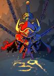  anniversary armor azito7 blue_armor cape chain commentary_request crack cracked_floor dragon_quest erdrick&#039;s_helmet erdrick&#039;s_sword fake_horns from_above gem gold_trim greaves helmet highres horned_helmet horns no_humans object_focus red_armor red_gemstone roto&#039;s_emblem rust torn_cape torn_clothes two-tone_armor unworn_armor yellow_horns 