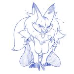  2017 blue_and_white breasts breath cute_fangs delphox female kneeling looking_at_viewer monochrome naughty_face nintendo nipple_bulge open_mouth open_smile plagueofgripes pok&eacute;mon pok&eacute;morph simple_background smile solo suggestive sweat tongue tongue_out video_games white_background 