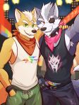 anthro arm_around_partner arm_scar armpit_hair artist_name belt blurred_background body_hair bottomwear building canid canine canis city cityscape claws clothed clothed_male clothing collar denim denim_bottomwear denim_clothing duo eye_patch eyewear fangs fingerless_gloves fluffy fluffy_tail fox fox_mccloud front_view fur gloves green_bottomwear green_clothing green_eyes green_shorts grey_body grey_fur grin hair hand_in_pocket hand_on_shoulder handwear happy hi_res japanese_text jeans kerchief lamp lantern lgbt_pride lgbt_pride_month logo_on_clothing male male/male mammal neckerchief neckwear night nintendo outside pants paper_lantern pink_kerchief pink_neckerchief pockets pride_color_clothing pride_colors rainbow_briefs red_eyes red_kerchief red_neckerchief romantic romantic_couple scar selfie shirt shorts side_by_side skyscraper smile spiked_collar spikes star_fox starfox_logo tail tan_hair tank_top teeth text topwear ventkazemaru watermark whisker_spots whiskers white_clothing white_hair white_shirt white_tank_top white_topwear wolf wolf_o&#039;donnell yellow_body yellow_fur
