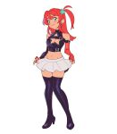  1girl adjusting_skirt aqua_eyes arms_at_sides asymmetrical_gloves bare_shoulders black_boots black_gloves blur_layer boots borrowed_character breasts chest_strap cleavage cleavage_cutout closed_mouth clothing_cutout crop_top cross cross_earrings double-parted_bangs earrings elbow_gloves flipped_hair full_body gift_art gloves groin hair_ornament high_heels highres holding jewelry light_blush light_smile lilyglazed long_hair looking_at_viewer medium_breasts midriff mismatched_gloves navel one_side_up original pleated_skirt red_gloves red_hair simple_background skirt sleeveless solo standing star_(symbol) star_cutout star_hair_ornament tachi-e thigh_boots turtleneck two-handed white_background white_skirt 