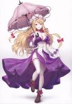  1girl ankle_boots black_boots black_panties blonde_hair boots bow breasts choker cleavage dress frilled_thighhighs frills full_body gloves hat highres holding holding_umbrella large_breasts long_hair long_sleeves looking_at_viewer minust mob_cap panties panty_peek pink_umbrella purple_dress purple_eyes red_bow red_ribbon ribbon ribbon_choker side_slit solo standing standing_on_one_leg thighhighs third-party_source touhou umbrella underwear very_long_hair white_gloves white_hat white_thighhighs yakumo_yukari 