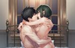  1boy 1girl after_kiss ass bed black_hair blue_eyes breasts brown_eyes closed_eyes completely_nude eye_contact french_kiss game_cg green_hair hetero highres hug indoors kaguyuzu kiss kuryo_nozomi looking_at_another nie_no_hakoniwa nipples non-web_source nude saliva saliva_trail sex short_hair small_breasts straddling upright_straddle window yasaka_kurou 