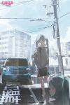  2girls artist_name bad_source building car character_name city cityscape cloud cloudy_sky day full_body green_eyes green_hair hatsune_miku highres jacket lamppost long_hair long_sleeves looking_at_viewer looking_back loose_socks motor_vehicle multiple_girls official_art outdoors pleated_skirt power_lines pukiko road road_sign shoes sign skirt sky socks standing street twintails utility_pole vocaloid watermark white_socks 