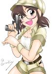  1girl belt belt_buckle black_panties brown_belt brown_eyes brown_hair brown_jacket brown_shorts buckle cosplay covered_nipples fio_germi fio_germi_(cosplay) girls_und_panzer grian_(griankay) gun handgun highres holding holding_gun holding_weapon jacket metal_slug open_mouth ou_taiga panties semi-rimless_eyewear short_hair short_sleeves short_twintails shorts signature tank_top twintails underwear weapon weapon_request 