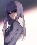  1girl asagami_fujino bangs blue_dress breasts closed_mouth dress eyebrows_visible_through_hair hands_on_own_chest head_tilt kara_no_kyoukai long_hair long_sleeves looking_at_viewer medium_breasts okakasushi purple_hair red_eyes school_uniform smile solo standing 