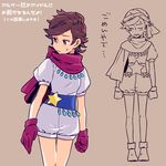  boots brown_background brown_eyes brown_hair classicaloid clenched_hand closed_eyes dramatica gloves multiple_views otowa_kanae puffy_short_sleeves puffy_shorts puffy_sleeves purple_gloves purple_scarf scarf short_hair short_sleeves shorts simple_background star sweat turban 