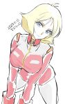  1girl blonde_hair blue_eyes breasts commentary_request earth_federation gundam large_breasts looking_at_viewer military military_uniform mobile_suit_gundam sayla_mass science_fiction short_hair solo white_background yanada_kiyorin 