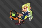  beanie bike_shorts bucket commentary_request dark_skin diagonal_stripes domino_mask fangs green_hair grey_background hat highres inkling inoue_seita jacket long_hair mask official_art pink_eyes pointy_ears simple_background slosher_(splatoon) smile solo splatoon_(series) splatoon_2 striped striped_background tentacle_hair 