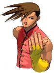  1boy bare_shoulders beckoning bridal_gauntlets brown_eyes chinese_clothes highres ikeno_daigo looking_at_viewer male_focus muscular muscular_male official_art portrait shirt sleeveless solo street_fighter street_fighter_iii_(series) white_background yang_lee 
