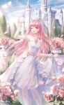  1girl artist_request blue_sky bow brown_eyes castle cloud collarbone day dream_bloom_(shining_nikki) dress eyelashes feet_out_of_frame flower frilled_dress frills game_cg garden hand_up highres light_particles light_rays long_dress long_hair nikki_(nikki) nikki_(series) official_art one_eye_closed open_mouth outdoors pantyhose pillar pink_flower pink_hair pink_pantyhose pink_rose rose shining_nikki sidelocks single_strap skirt_hold sky sleeveless sleeveless_dress smile solo sunlight third-party_source tiara tree very_long_hair waist_bow white_dress yellow_bow 
