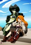  2girls barrel breasts brown_pants colored_skin green_eyes green_hair green_skin hat kim_possible kim_possible_(series) long_hair looking_at_viewer multiple_girls open_clothes orange_hair pants pirate pirate_hat raichi_(lychee-soda) shego sitting spiked_bra 
