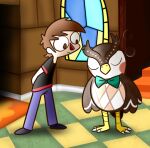 2019 animal_crossing anthro avian baseboard beak bird black_clothing black_footwear black_shirt black_shoes black_t-shirt black_topwear blathers_(animal_crossing) blue_bottomwear blue_clothing blue_pants bottomwear bow_tie bow_tie_only brick_wall brown_body brown_eyes brown_feathers brown_hair brown_wings bubble closed_beak closed_frown clothed clothed_human clothed_male clothing colored cookieboy011 digital_drawing_(artwork) digital_media_(artwork) duo english_description eyes_closed feathered_wings feathers feet floor floor_mat footwear frown fully_clothed fully_clothed_human fully_clothed_male green_bow_tie hair hands_behind_back human inside larger_human larger_male light lighting looking_at_another male male_anthro male_human mammal mostly_nude mostly_nude_anthro mostly_nude_male mouth_closed multicolored_body multicolored_feathers nintendo no_eyebrows no_pupils owl pants red_nose shaded shirt short_hair size_difference sleeping smaller_anthro smaller_male stained_glass stained_glass_window stairs standing story story_in_description straight_legs t-shirt talons tan_body tan_skin tile tile_floor toes topwear triangle_nose villager_(animal_crossing) wall_(structure) white_body white_feathers white_talons window wings yellow_beak yellow_legs