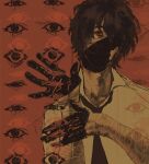  1boy arms_up bags_under_eyes black_eyes black_gloves black_necktie brown_hair bungou_stray_dogs collared_shirt colored_sclera dazai_osamu_(bungou_stray_dogs) gloves hair_over_one_eye head_tilt highres looking_at_viewer male_focus mask messy_hair multiple_scars necktie outstretched_hand partially_shaded_face raised_eyebrows red_sclera scar scar_on_arm shirt short_hair sketch_inset solo sonaireeart too_many_eyes upper_body white_shirt wrist_cutting 