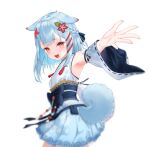  1girl :d :o animal_ears armpits beckoning blue_bow blue_hair blue_sash blue_tail blurry bow braid center-flap_bangs commentary_request cropped depth_of_field detached_sleeves dog_ears dog_girl dog_tail dress fang flat_chest floppy_ears floral_print floral_print_dress flower from_side furisode_sleeves hair_flower hair_ornament hairclip half_up_braid highres japanese_clothes komai_ume leaf_hair_ornament long_sleeves looking_at_viewer medium_hair nontraditional_miko obi obijime official_art open_mouth outstretched_arm palms parallel_hairclips pleated_dress print_dress red_eyes red_flower sash short_dress simple_background sleeveless smile solo spread_fingers tail tassel twisted_torso variant_set varium virtual_youtuber waist_bow white_background white_dress white_sleeves wide_sleeves yasuyuki 