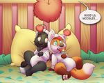  anthro bed bedding black_fur blanket canine clothing costume crib cub dialogue diaper fur hypnosis kalida male mammal mind_control onesie orange_fur pacifier pajamas pawpads paws pillow spiral_eyes tongue wings wolf young 