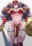  1girl abs armor armored_boots biceps bikini_armor blue_eyes boots breasts choker dragon_quest dragon_quest_iii helmet highres jewelry knee_boots large_breasts long_hair looking_at_viewer muscular muscular_female navel pauldrons purple_hair red_armor red_helmet shield shouji_nigou shoulder_armor solo sword thick_thighs thighs warrior_(dq3) weapon winged_helmet 