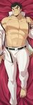  abs absurdres bad_id bad_pixiv_id barefoot bed_sheet belt black_hair blush collarbone dakimakura highres looking_at_viewer lying male_focus military military_uniform muscle navel off_shoulder on_back original parted_lips pectorals re:ar ryanpei solo sweat thick_eyebrows toes tonogawachi_tatsuomi uniform 