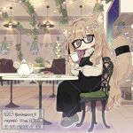  1girl :&lt; ahoge animal_ear_fluff animal_ears bespectacled black-framed_eyewear black_dress black_socks blush brown_hair cat_ears cat_girl cat_tail chair closed_mouth commentary_request cup dress fish_skeleton_hair_ornament food full_body glasses grey_eyes grey_shoes highres holding holding_cup holding_saucer indoors kipfel_(vrchat) long_hair long_sleeves looking_at_viewer macaron notamaru_2 on_chair pinafore_dress plate ribbed_sweater sample_watermark saucer shoes sitting sleeveless sleeveless_dress sneakers socks solo sweater tail teacup teapot very_long_hair vrchat watermark watermark_grid white_sweater wooden_floor 