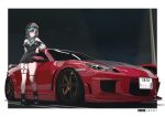  1girl artist_name beret black_dress black_hair black_hat black_shoes breasts car dress green_hair hat highres hololive hololive_dev_is license_plate looking_at_viewer mazda mazda_rx-8 medium_breasts motor_vehicle multicolored_hair night night_sky purple_eyes red_car rindo_chihaya shadow shoes short_hair sky smile sneusagi solo spoiler_(automobile) sports_car streaked_hair thigh_strap vehicle_focus virtual_youtuber 