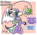 2024 abstract_background anthro big_wings biped black_body black_sclera black_text blue_speech_bubble bodysuit bulge claws clothed clothing collar conayr control_collar dialogue digital_drawing_(artwork) digital_media_(artwork) dragon drone dronification duo english_text fangs flying glistening gold_claws green_clothing green_eyes green_skinsuit green_wings hi_res horn hypnosis hypnovember kneeling latex male membrane_(anatomy) membranous_wings mind_control mythological_creature mythological_scalie mythology null_bulge open_mouth power_symbol purple_clothing purple_eyes purple_skinsuit purple_speech_bubble reboot_(soul-silver-dragon) ring ringed_eyes scalie simple_background size_difference skinsuit soul-silver-dragon speech_bubble teeth text tight_clothing toe_claws toony usb_tail white_text wings yellow_horn