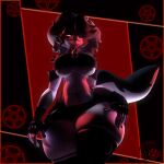3d_(artwork) absurd_res anthro big_breasts black_bottomwear black_clothing black_gloves black_handwear black_legwear black_shorts black_thigh_highs bottomwear breasts canid canid_demon canine clothing collar crop_top darkytherabbit demon digital_media_(artwork) facial_piercing female fingerless_gloves gloves glowing glowing_eyes grey_clothing grey_shirt grey_topwear hair hair_over_eye hand_on_leg hand_on_own_leg hand_on_own_thigh hand_on_thigh handwear hellhound helluva_boss hi_res legwear lip_piercing long_hair looking_at_viewer looking_down looking_down_at_viewer loona_(helluva_boss) low-angle_view mammal midriff mythological_canine mythological_creature mythology occult_symbol pentagram piercing red_sclera sharp_teeth shirt shorts skindentation solo spiked_collar spikes symbol tail teeth thick_thighs thigh_highs topwear under_boob watermark wide_hips