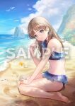  1girl atelier_(series) atelier_resleriana atelier_resleriana:_the_red_alchemist_&amp;_the_white_guardian atelier_totori beach bird blue_sky brown_hair cloud long_hair midriff navel ocean official_art sample_watermark seagull seashell shell sky smile starfish swimsuit totooria_helmold watermark 