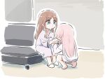  2girls bang_dream! bang_dream!_it&#039;s_mygo!!!!! blue_eyes brown_hair chihaya_anon commentary dress hands_on_another&#039;s_cheeks hands_on_another&#039;s_face holding_hands jacket long_hair long_sleeves lyy multiple_girls nagasaki_soyo pajamas pink_hair shorts sidelocks sitting slippers symbol-only_commentary white_dress white_jacket white_shorts 