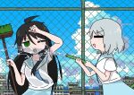  2girls =_= absurdres black_hair blue_sailor_collar blue_sky broom chain-link_fence cloud day emesan_desu fence green_eyes grey_hair highres holding holding_broom holding_hose hose long_hair medium_hair multiple_girls one_eye_closed open_mouth original outdoors sailor_collar school_uniform serafuku shirt short_sleeves sky smile summer summer_uniform water wet wet_clothes white_shirt 