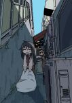  2girls =_= absurdres alley apron black_hair blonde_hair brown_apron brown_necktie building day emesan_desu highres long_hair long_sleeves multiple_girls necktie open_mouth original outdoors trash_bag 