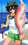  1girl alternate_costume animal_ears bare_shoulders black_hair black_hat blue_sky boat brown_hair bucket_hat cloud day ears_through_headwear facing_viewer fish fishing_rod goggles goggles_around_neck gradient_hair green_shorts hat highres holding holding_fishing_rod horse_ears horse_girl horse_tail multicolored_hair ocean ooo8_q open_mouth outdoors red_snapper short_shorts shorts sky solo stay_gold_(umamusume) streaked_hair sunglasses tail umamusume water water_drop watercraft 