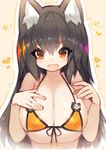  animal_ear_fluff animal_ears arms_at_sides bangs beige_background bikini black_hair blush breasts brown_eyes collarbone commentary_request covered_nipples eyebrows_visible_through_hair fox_ears fox_girl front-tie_bikini front-tie_top hair_between_eyes hands_up heart highres large_breasts long_hair looking_at_viewer mamuru micro_bikini open_mouth original short_eyebrows simple_background solo swimsuit thick_eyebrows upper_body wavy_mouth 