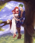  1boy 1girl alm_(fire_emblem) alm_(valentine)_(fire_emblem) belt blue_pants blue_robe boots brown_boots cat celica_(fire_emblem) celica_(valentine)_(fire_emblem) cones_(c0_nes) couple dress earrings fire_emblem fire_emblem_echoes:_shadows_of_valentia green_eyes green_hair happy_valentine hetero highres holding_hands in_tree jewelry long_dress long_hair pants prince princess red_eyes red_hair red_shoes robe shoes short_hair sitting sitting_in_tree smile tree valentine white_dress 