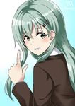  2017 bangs blazer blue_background blush brown_jacket eyebrows_visible_through_hair from_behind gradient gradient_background green_eyes green_hair hair_between_eyes hair_ornament hairclip hand_up highres index_finger_raised jacket kamelie kantai_collection long_hair long_sleeves looking_at_viewer looking_back pointing shiny shiny_hair shirt sidelocks signature smile solo suzuya_(kantai_collection) uniform upper_body white_background white_shirt 
