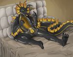 2025 ao_(xavier_h0) beckoning bed clothing dragon emptyinside furniture gesture glistening glistening_body green_eyes hi_res imminent_vore latex latex_clothing latex_skinsuit lock_bulge mythological_creature mythological_scalie mythology null_bulge riggedreded scalie skinsuit squeak suit tight_clothing tongue tongue_out