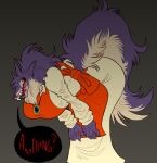 age_difference anthro big_breasts big_butt breasts butt canid canine canis clothed clothing creepy_cute creepy_face creepy_smile dialogue elisabetta_(yanisp5) female fully_clothed fur hi_res jewelry larger_female leaning leaning_forward mammal mature_female mother_(lore) neck_tuft older_female parent_(lore) purple_body purple_fur red_text simple_background size_difference smile solo speech_bubble teeth_showing text tuft wolf yanisp5