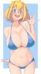  1girl :d absurdres ahoge alice_margatroid bikini blonde_hair blue_background blue_bikini blue_eyes blush breasts commentary_request cookie_(touhou) cowboy_shot highres huge_breasts looking_at_viewer navel open_mouth pyukasshori round_teeth short_hair smile solo swimsuit teeth touhou two-tone_background upper_teeth_only web_(cookie) white_background 