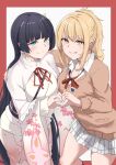  2girls :d absurdres black_hair blonde_hair blunt_bangs blush border breasts brown_sweater butter_curry closed_mouth collarbone collared_shirt commentary_request feet_out_of_frame grin hand_on_another&#039;s_shoulder heart heart_hands heart_hands_duo highres hime_cut ikizulive!_love_live!_bluebird in-franchise_crossover japanese_clothes kimono komagata_hanabi large_breasts layered_sleeves leaning_forward long_hair long_sleeves looking_at_viewer loose_necktie love_live! love_live!_nijigasaki_high_school_idol_club miniskirt miyashita_ai multiple_girls neck_ribbon necktie outside_border plaid_clothes plaid_skirt pleated_skirt red_border red_ribbon ribbon school_uniform shirt shrug_(clothing) simple_background skirt smile split_mouth sweater very_long_hair white_background white_kimono white_shirt white_shrug white_skirt winter_uniform yellow_eyes 