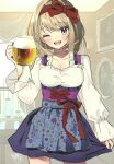  1girl ;d alcohol alice_margatroid apron beer beer_mug blonde_hair blue_apron bodice bow breasts cleavage cowboy_shot cup dirndl floral_print german_clothes hair_bow hairband highres holding holding_cup long_sleeves looking_at_viewer mug one_eye_closed open_mouth purple_skirt red_bow red_hairband red_ribbon ribbon shirt short_hair skirt smile solo tamagogayu1998 teeth third-party_source touhou upper_teeth_only white_shirt 