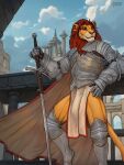 anthro armor castle cloak clothing disney hi_res knight male male/male mansilite melee_weapon simba_(the_lion_king) solo sword the_lion_king warrior weapon