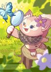  1girl animal_ears animification bug butterfly duffy_and_friends flower fox fox_ears fox_girl furry grass highres holding holding_magnifying_glass linabell long_sleeves looking_at_viewer magnifying_glass no_humans shirt smile solo standing takatmaorange 