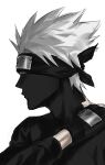  1boy black_gloves fingerless_gloves forehead_protector gloves hatake_kakashi highres male_focus mask mouth_mask naruto_(classic) naruto_(series) ninja ninja_mask one_eye_covered profile short_hair simple_background solo spiked_hair sso_s upper_body white_background white_hair 